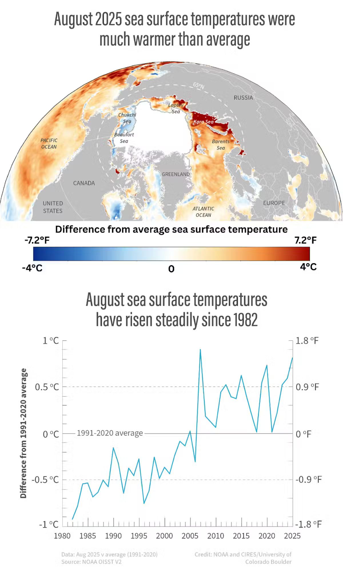 Dos imágenes, la superior es un primer plano del polo norte de la Tierra con un mapa de calor que muestra el aumento de la temperatura del agua del océano y la imagen inferior es un gráfico con una línea ondulada azul que muestra el aumento de la temperatura promedio del océano con el tiempo.