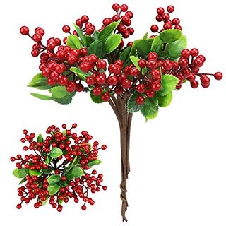 Felice Arts 6 Pack Christmas Picks Artificial Red Berry Stems Fake Holly Berries for Xmas Tree Ornaments Diy Wreath Vase Fireplace Decor