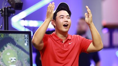 Tom Kim reacts to his hole-in-one during a TGL match in Florida.