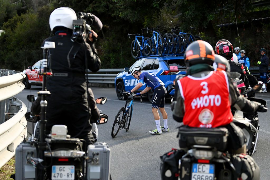 SANREMO ITALY MARCH 18 Alex Aranburu Deba of Spain and Movistar Team reacts after a crash during the 114th MilanoSanremo 2023 a 294km one day race from Abbiategrasso to Sanremo MilanoSanremo UCIWT on March 18 2023 in Sanremo Italy Photo by Tim de WaeleGetty Images