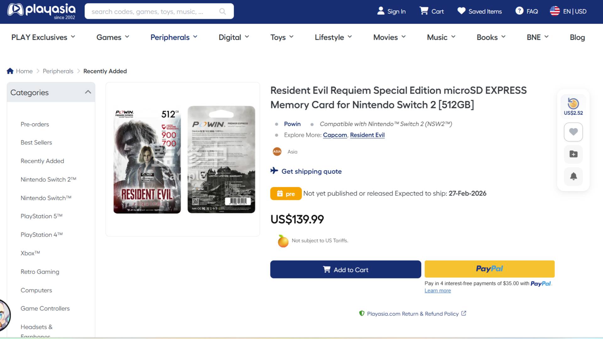 Screenshot from PlayAsia showing the Resident Evil Requiem microSD express card product page.