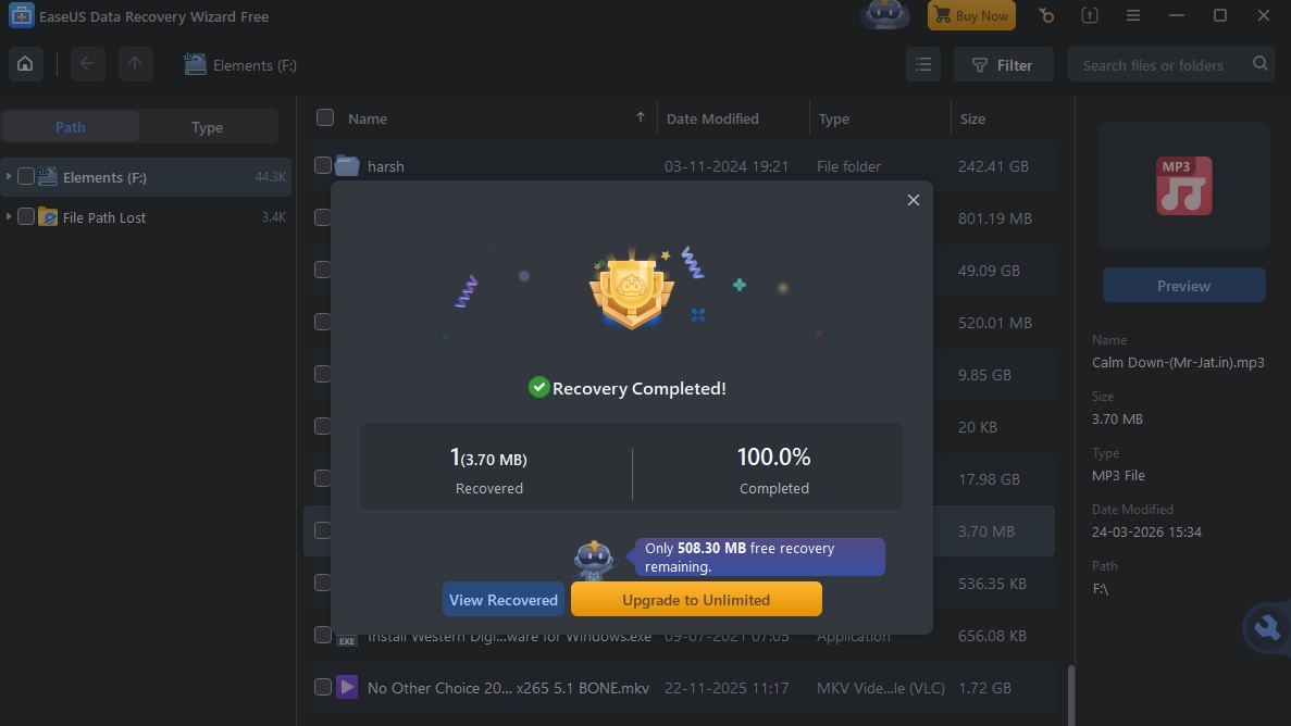 EaseUS recovery completed