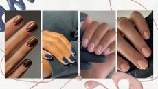 A collection of 2026 nail trend predictions: on the left is a close-up of a hand with a brown manicure with pink dots by nail artist, Mateja Novakovic/@matejanova, followed by a picture of a hand with navy blue nails and another picture of a hand with a sheer 'barely-there' manicure, both created by manicurist, Julia Diogo/ @paintedbyjools. And finally, on the right is a close-up of a hand with a silver cuff manicure design by nail artist, Fliss Alton/@gelsbyfliss/ all featured in a grey and white template with a pink line design and two nail polish spills.