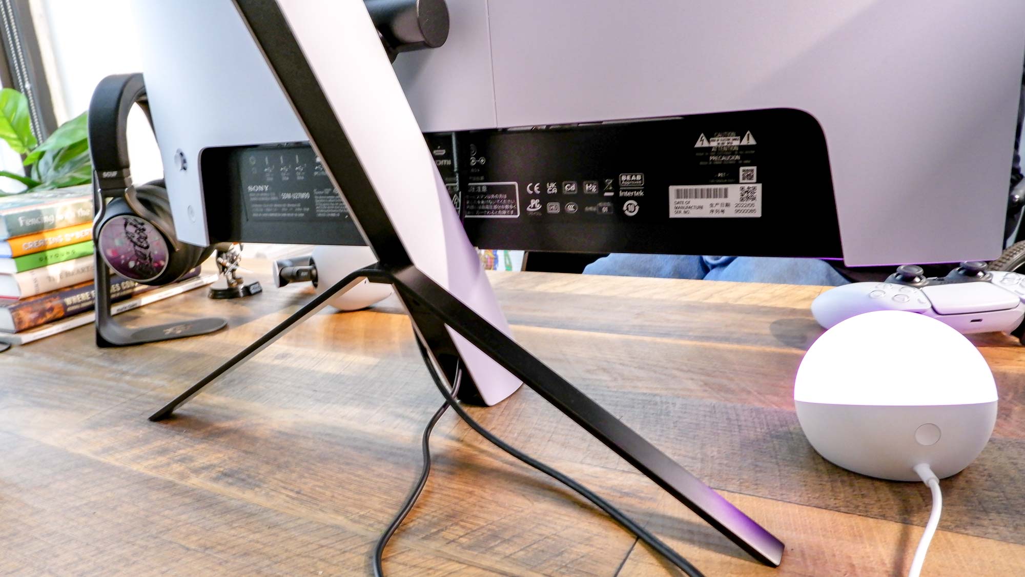Sony Inzone M9 gaming monitor seen from the back, showing ports and stand