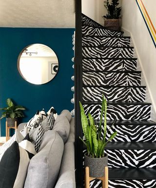Zebra patterned staircase paint idea with wallpaper