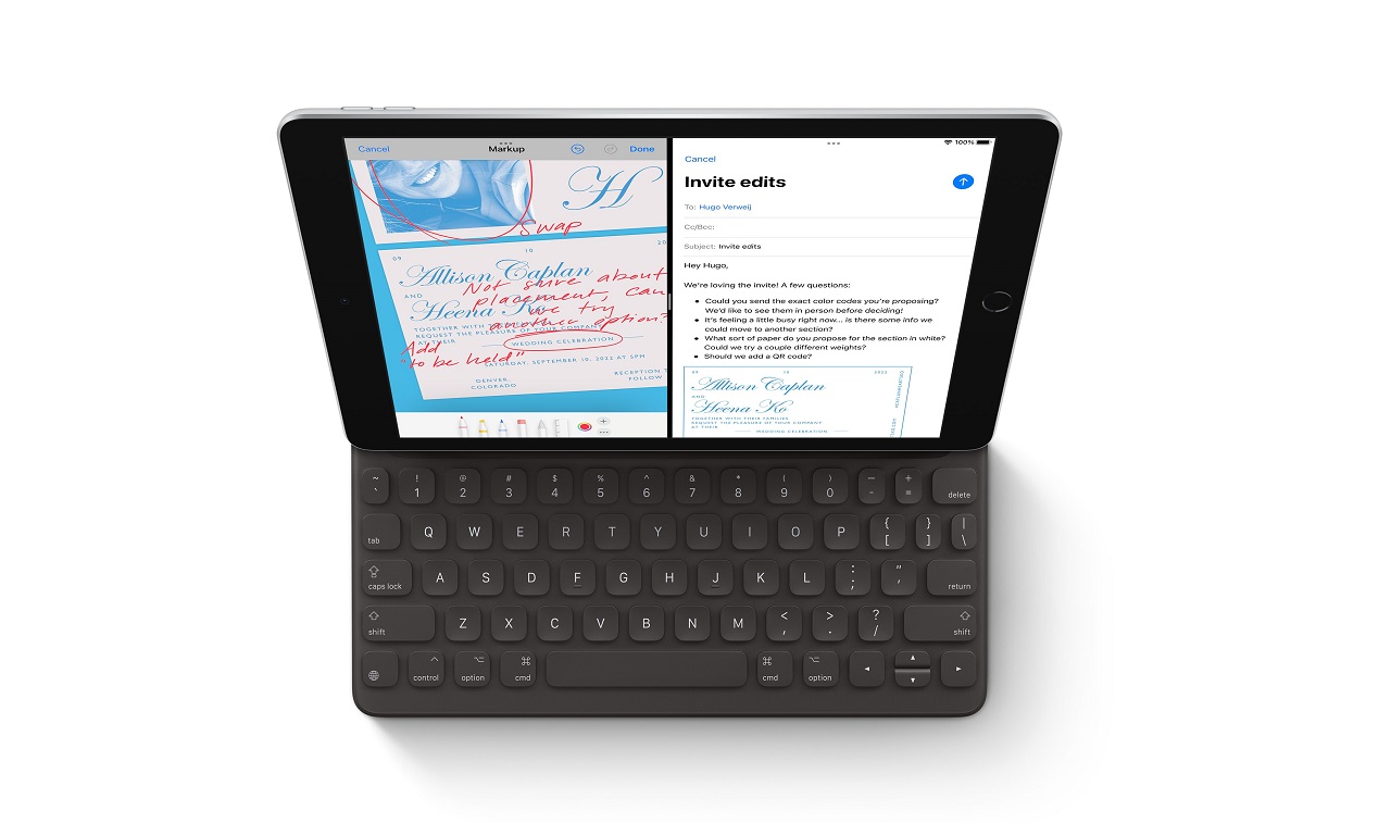 Apple iPad 10.2 2021 standing up with magic keyboard attached