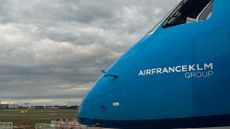 Air France-KLM Group logo pictured on the nose of an airplane at Schiphol Airport, Netherlands. 