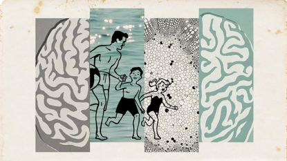 Photo collage of a brain, water surface shimmering in the sun, a close-up of a petri dish, and a vintage style cartoon of a man with two children running towards the water, all in swimwear.