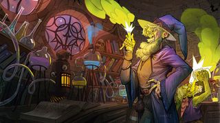 Book cover art showing a wizard in a laboratory