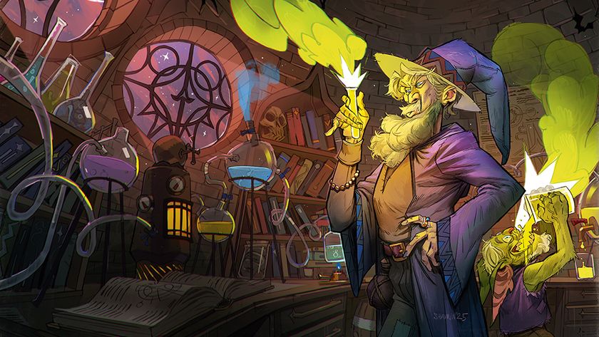 Book cover art showing a wizard in a laboratory