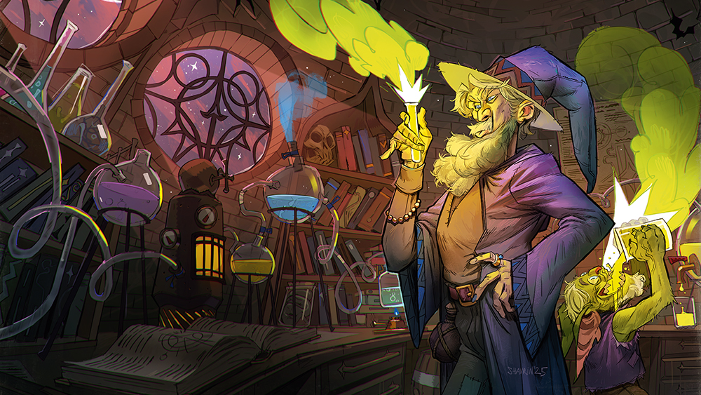 Book cover art showing a wizard in a laboratory