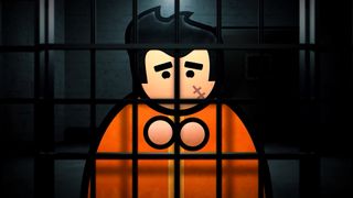 Prison Architect 2 screenshot showing a cartoon-style prisoner behind black cell bars, wearing a bright orange outfit