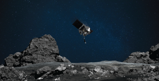 An artist's depiction of the OSIRIS-REx spacecraft approaching the surface of the asteroid Bennu for a sampling attempt.