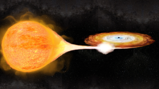 An illustration shows a stellar mass black hole feeding on a companion star