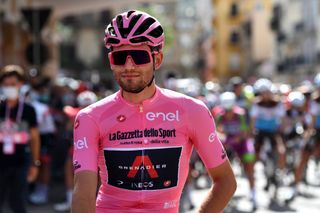 AGRIGENTO ITALY OCTOBER 04 Start Filippo Ganna of Italy and Team INEOS Grenadiers Pink Leader Jersey Santuario Maria SS DellAlto Alcamo Village during the 103rd Giro dItalia 2020 Stage 2 a 149km stage from Alcamo to Agrigento 243m girodiitalia Giro on October 04 2020 in Agrigento Italy Photo by Tim de WaeleGetty Images