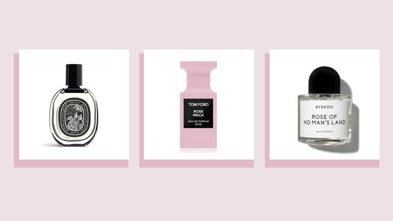 three of w&h's best rose perfume picks—Diptyque Eau rose, Tom Ford Rose Prick and Byredo Rose Of No Man's Land—on a pale pink background with rose pink shadows around each product image