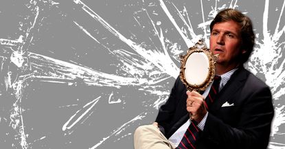 Tucker Carlson holding a mirror facing away from him.