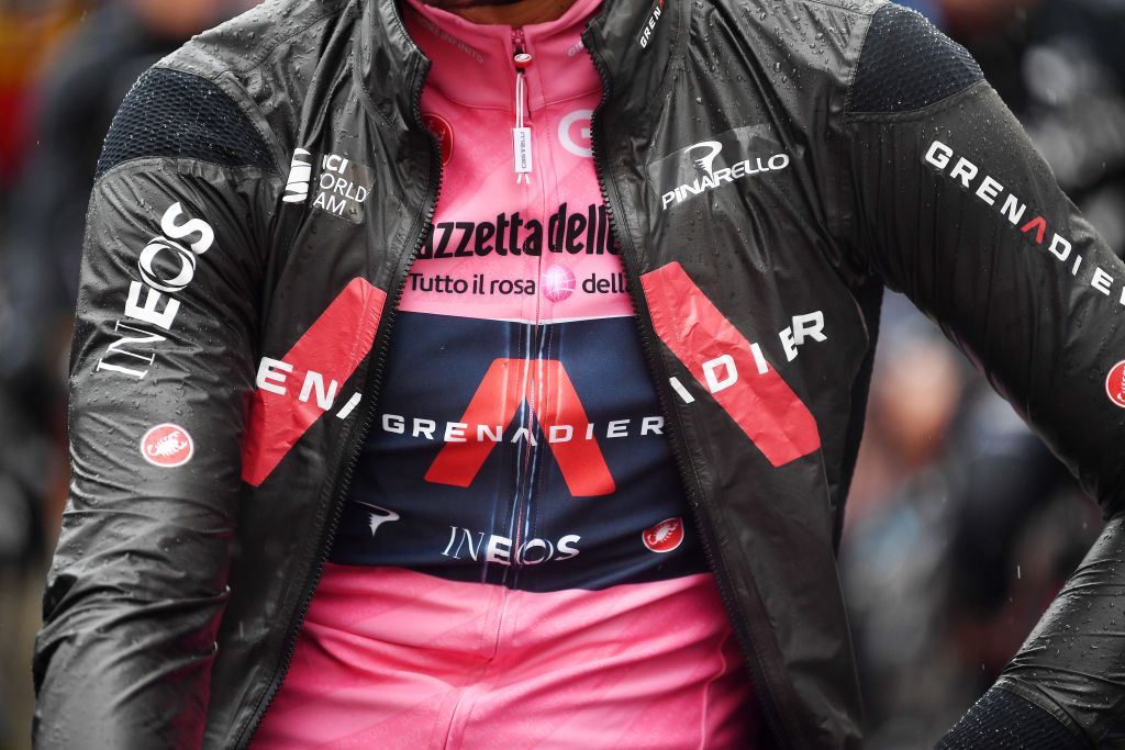 CANALE ITALY MAY 10 Filippo Ganna of Italy and Team INEOS Grenadiers Pink Leader Jersey at start during the 104th Giro dItalia 2021 Stage 3 a 190km stage from Biella to Canale Rain Detail view girodiitalia Giro on May 10 2021 in Canale Italy Photo by Tim de WaeleGetty Images