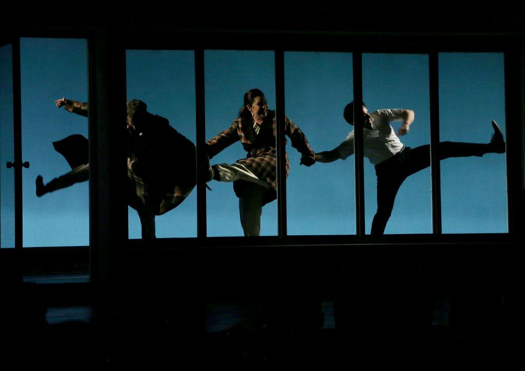 Daniel Radcliffe, Jonathan Groff and Lindsay Mendez during the opening night curtain call for Stephen Sondheim's "Merrily We Roll Along" on Broadway at The Hudson Theater on October 8, 2023 in New York City