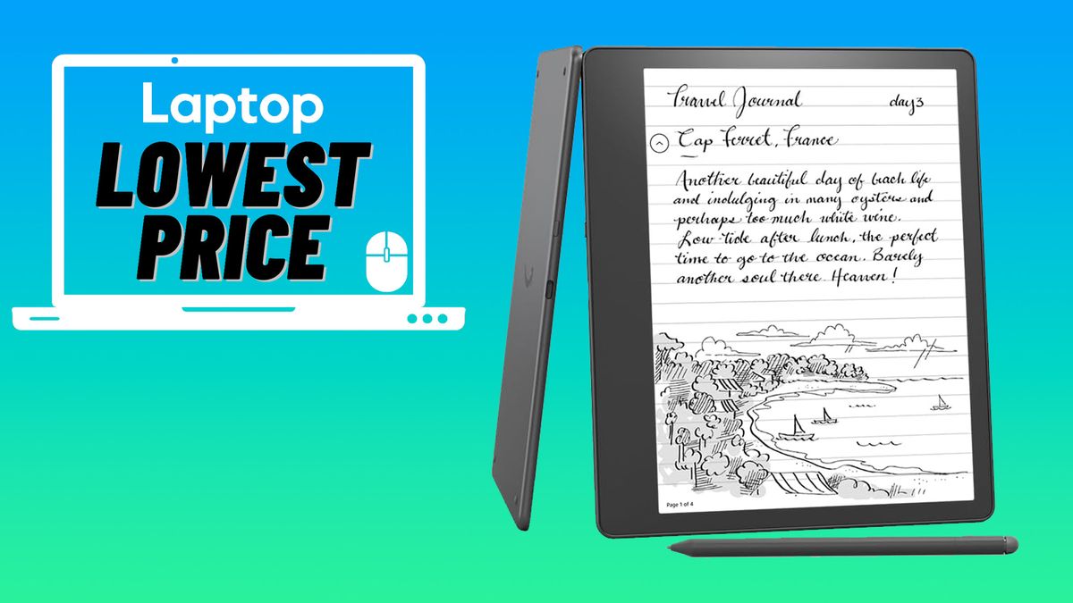 Amazon Kindle Scribe on a blue to green gradient background with a &quot;Laptop Lowest Price&quot; badge in the upper-left corner