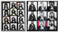A side-by-side composite showing a Jean Shrimpton contact sheet marked up in red and yellow grease pencil on the left, and a Mick Jagger contact sheet marked in red and blue on the right.
