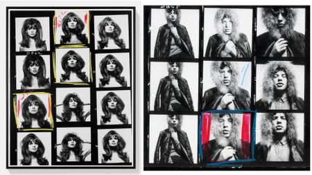 A side-by-side composite showing a Jean Shrimpton contact sheet marked up in red and yellow grease pencil on the left, and a Mick Jagger contact sheet marked in red and blue on the right.