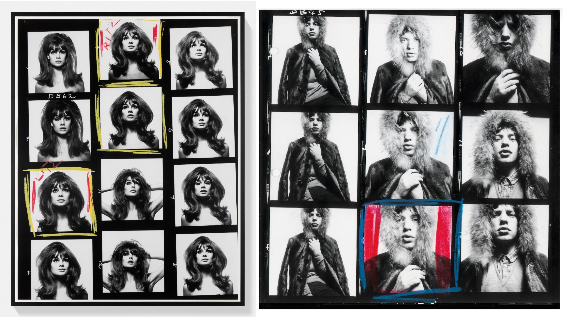 A side-by-side composite showing a Jean Shrimpton contact sheet marked up in red and yellow grease pencil on the left, and a Mick Jagger contact sheet marked in red and blue on the right.