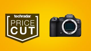 Canon EOS R6 Mark II mirrorless camera on yellow background. Text beside it reads 'price cut'