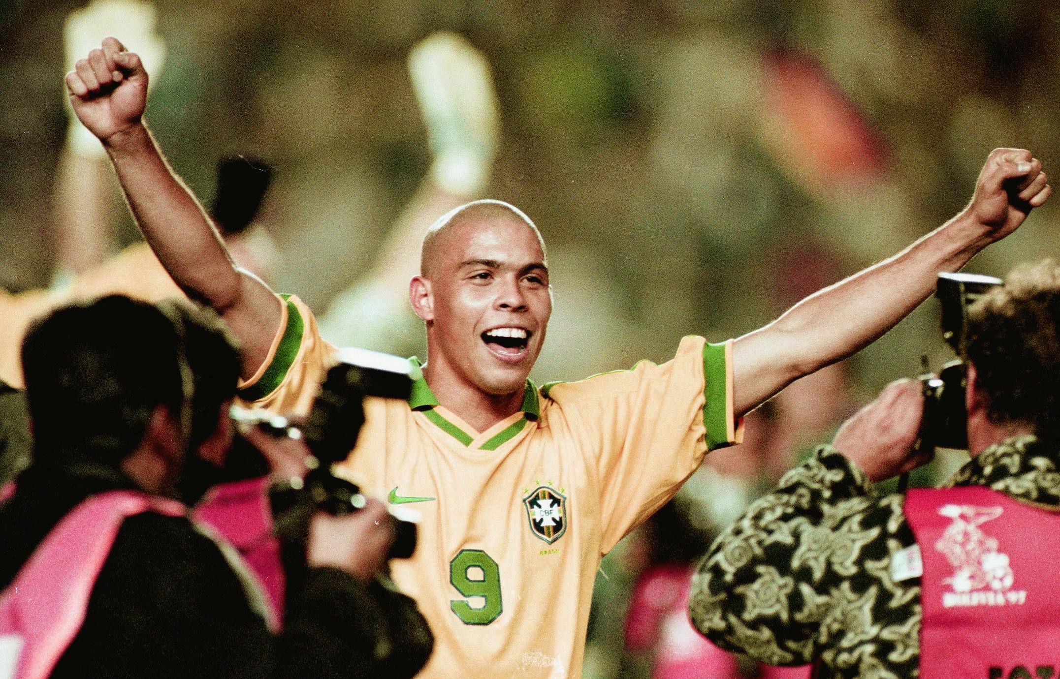 Ronaldo celebrates Brazil's win over Bolivia in the final of the 1997 Copa America.