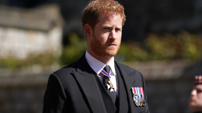 Prince Harry arrives for the funeral of Prince Philip, Duke of Edinburgh at St George&#039;s Chapel at Windsor Castle on April 17, 2021 in Windsor, England. Prince Philip of Greece and Denmark was born 10 June 1921, in Greece