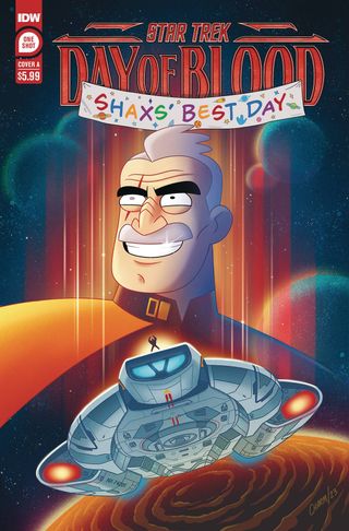 cover of a comic book showing a smiling old man with a spaceship in the frame