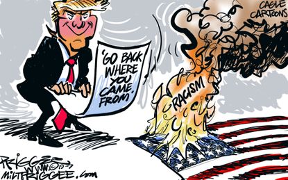 Political Cartoon U.S. Trump Fanning Flames of Racism Tweets