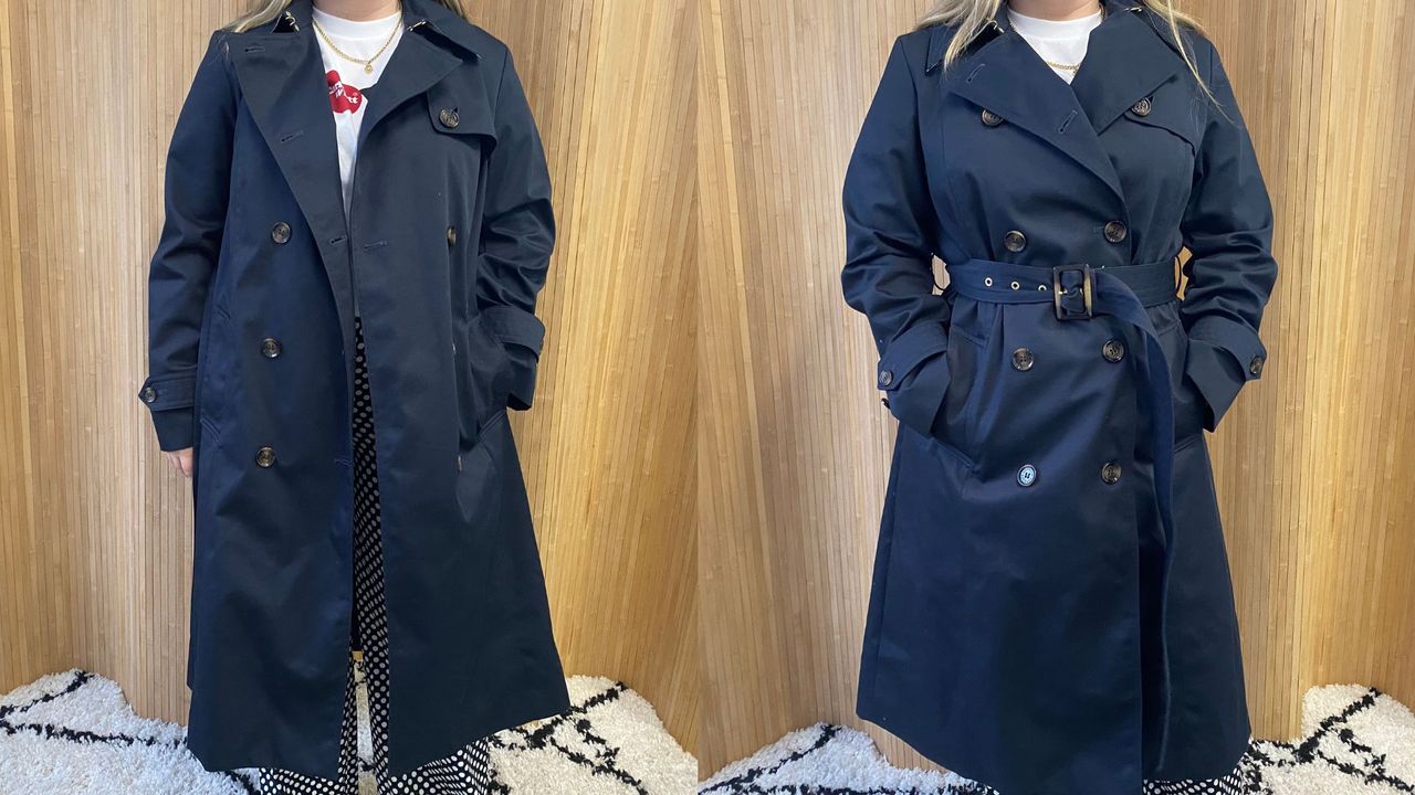 composite of person wearing navy trench coat open and fastened