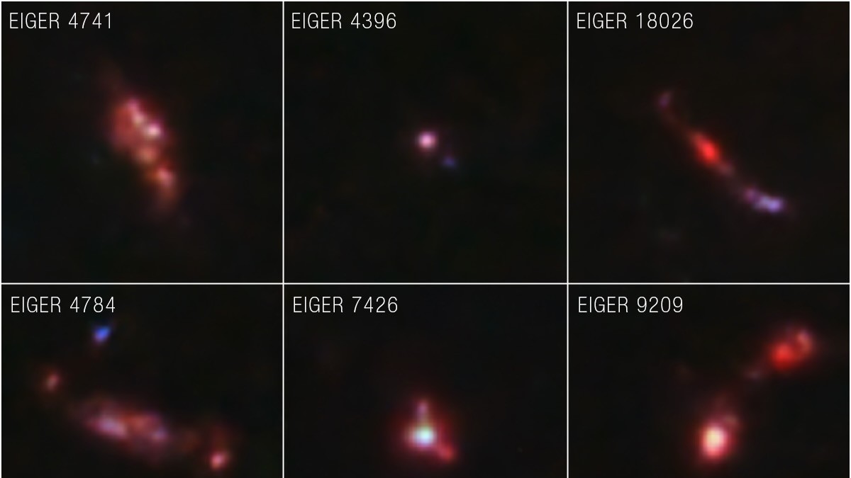 Gambar enam panel yang menunjukkan gambar James Webb Space Telescope dari galaksi di alam semesta awal