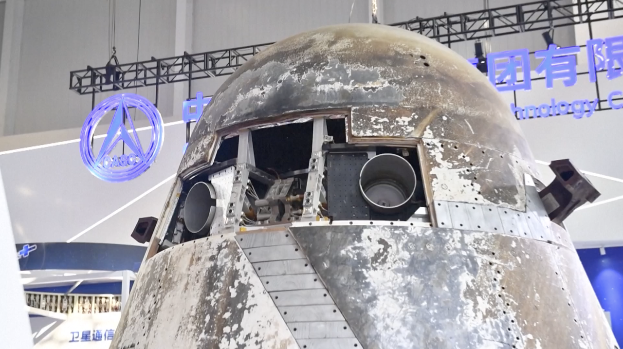 China's next-generation spacecraft, which flew once to space in May 2020, is seen on display for the first time at the Airshow China 2021 in Zhuhai City in the Guangdong province on Oct. 1, 2021.