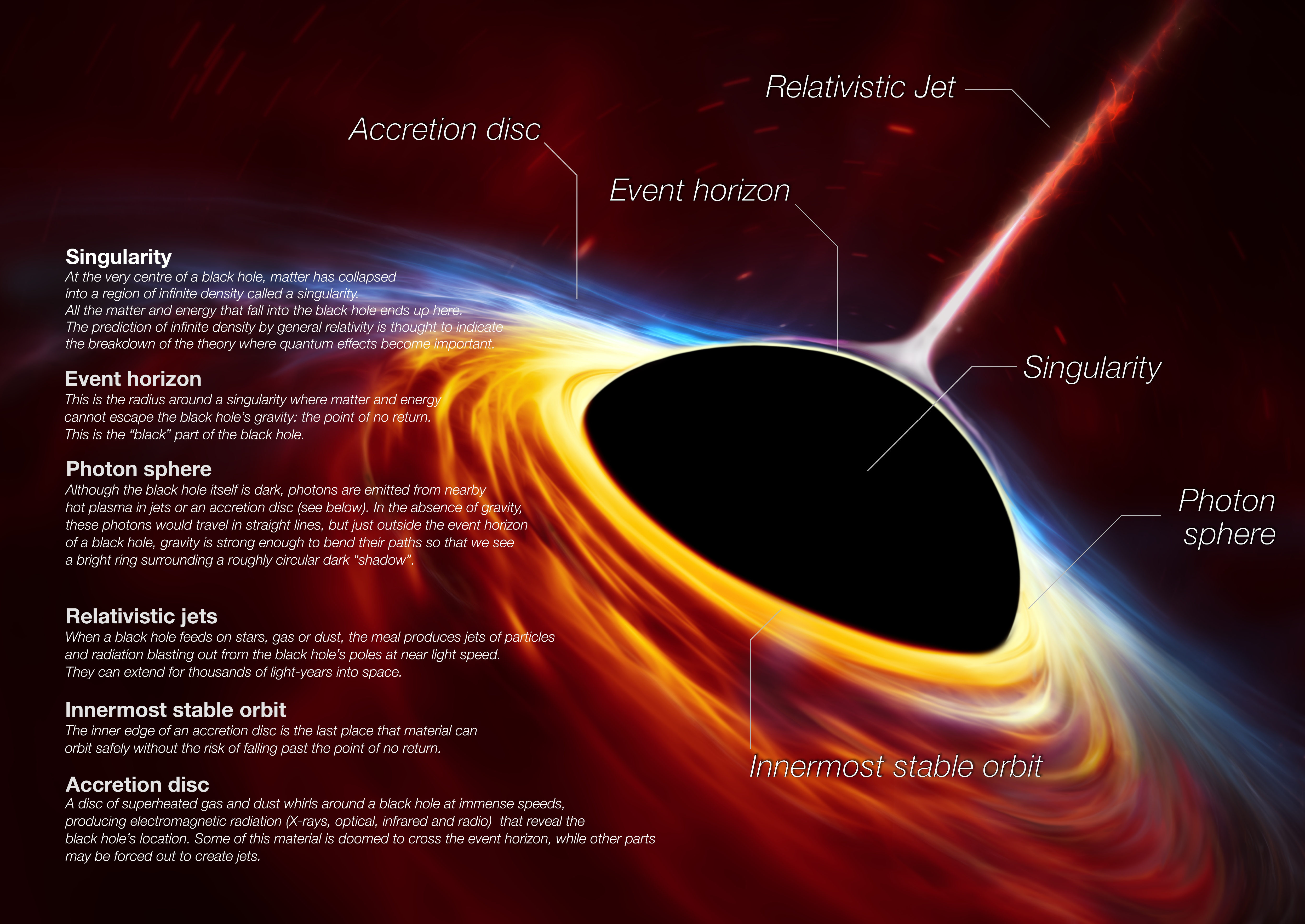 ESO's black hole anatomy diagram shows what a black hole looks like and labels the different components.