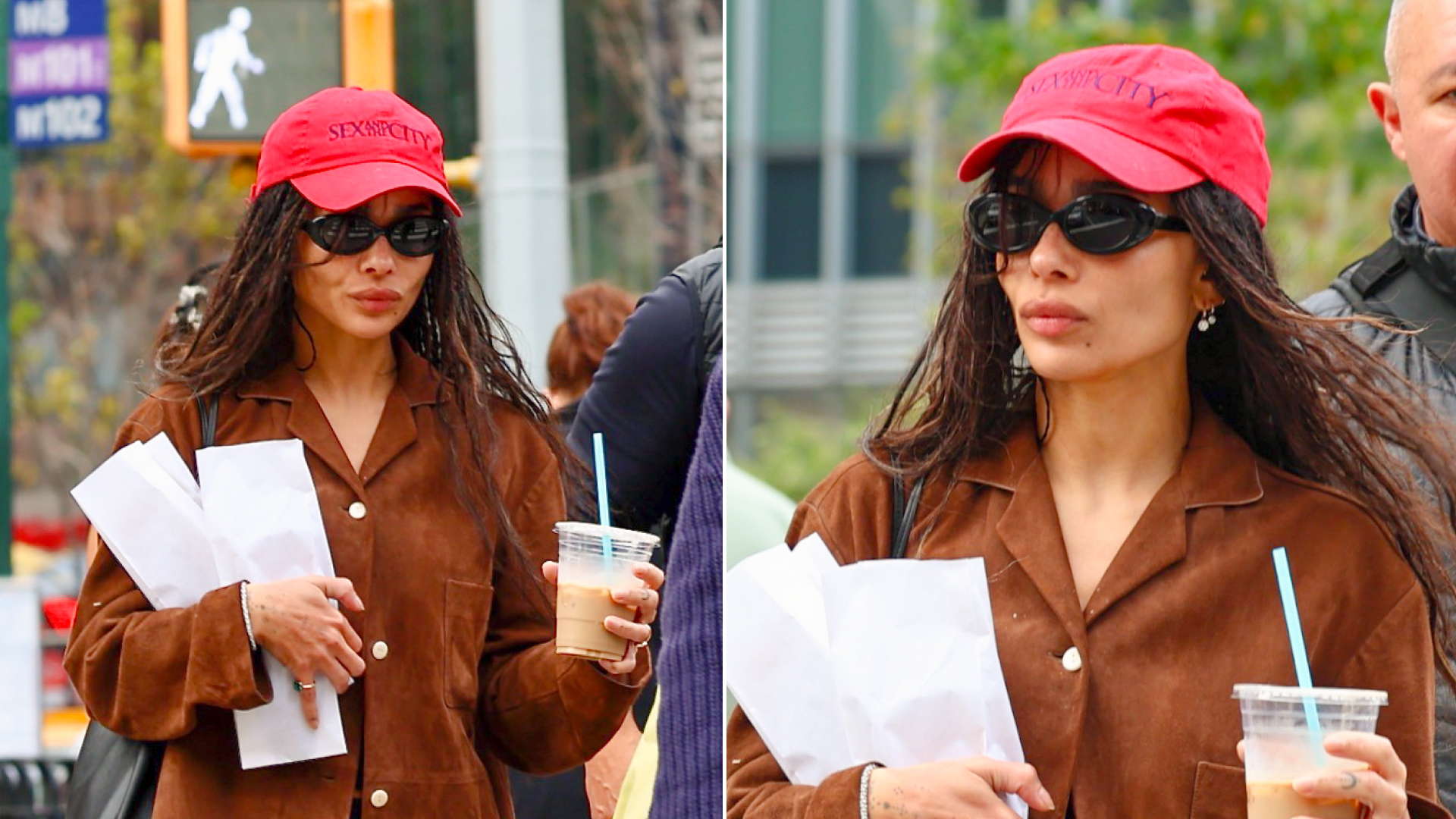 Zoe Kravitz wears a suede jacket with hot pants and ballet flats