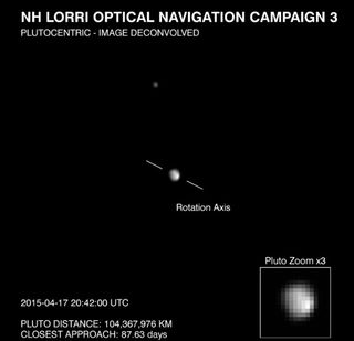 NASA’s New Horizons probe took this image of Pluto and its largest moon, Charon, on April 17, 2015, from a distance of 64.85 million miles (104.368 million kilometers).