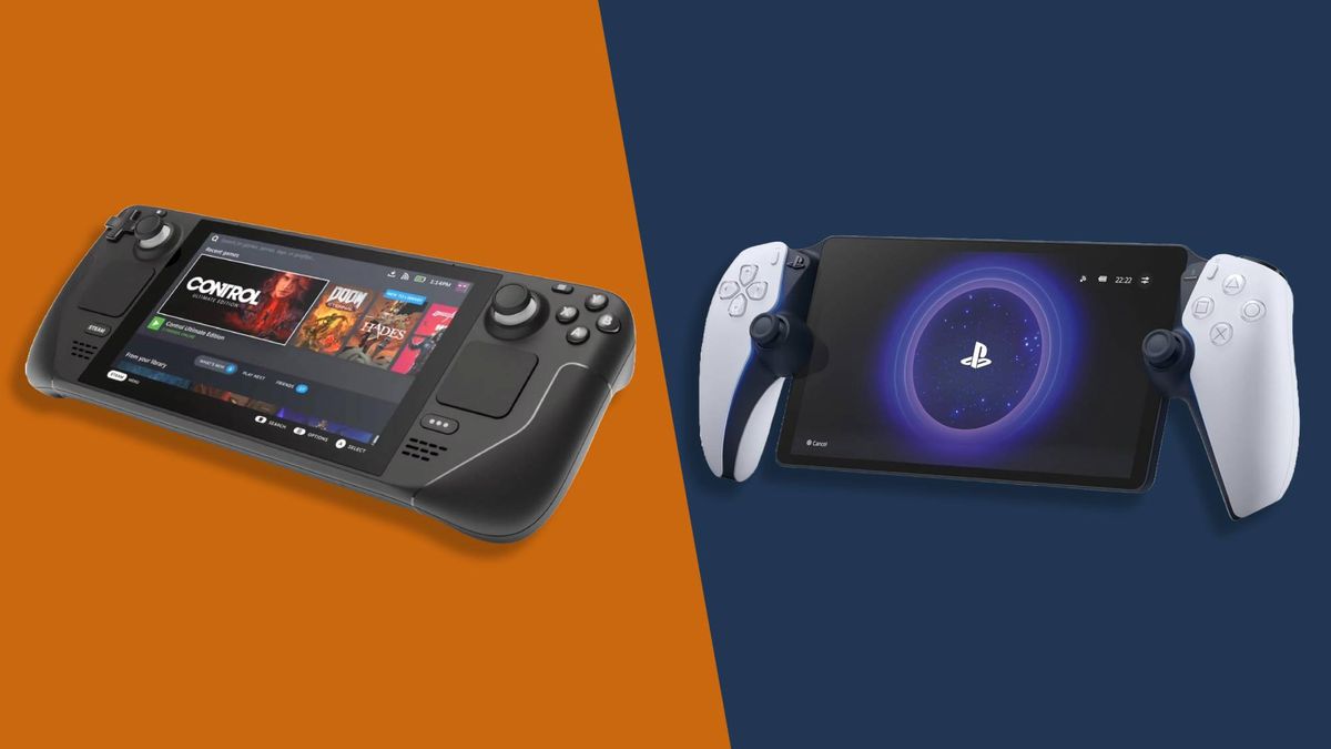 A Steam Deck on an orange background next to a PlayStation Portal on a navy background