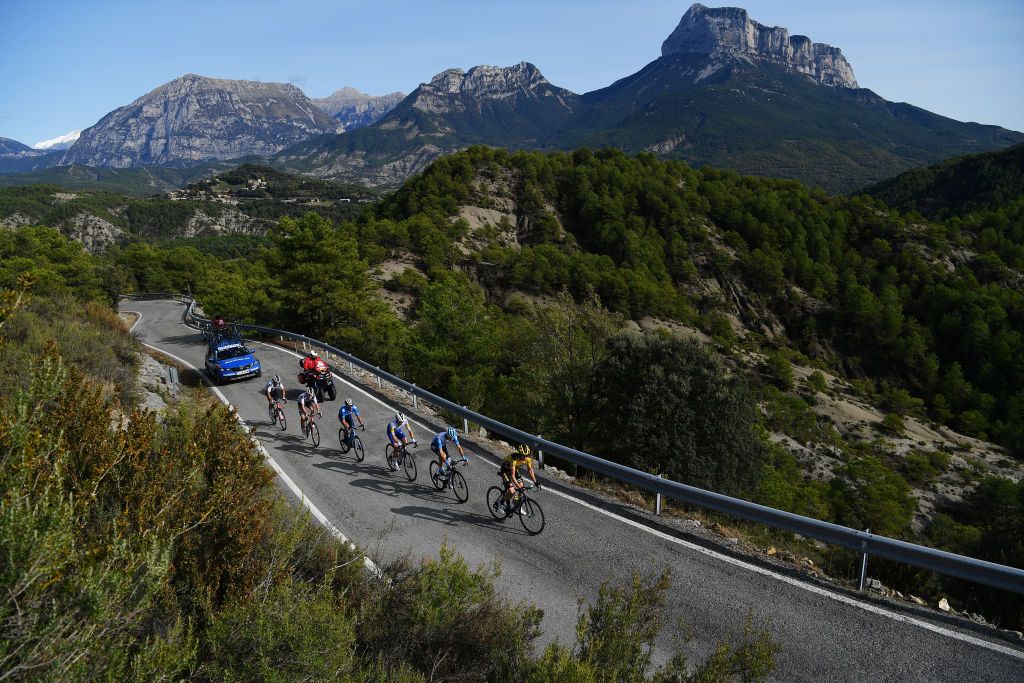 SABIANIGO SPAIN OCTOBER 24 Sepp Kuss of The United States and Team Jumbo Visma Matteo Badilatti of Switzerland and Team Israel StartUp Nation Andrea Bagioli of Italy and Team Deceuninck QuickStep Nelson Oliveira of Portugal and Movistar Team Robert Power of Australia and Team Sunweb Mark Donovan of The United Kingdom and Team Sunweb Mountains Alto de Vio 1260m Landscape during the 75th Tour of Spain 2020 Stage 5 a 1844km Huesca to Sabinigo 835m lavuelta LaVuelta20 La Vuelta on October 24 2020 in Sabinigo Spain Photo by Justin SetterfieldGetty Images