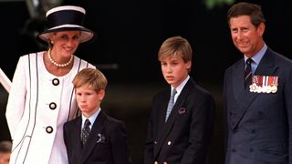 Princess Diana, Prince Harry, Prince William and Prince Charles at a parade