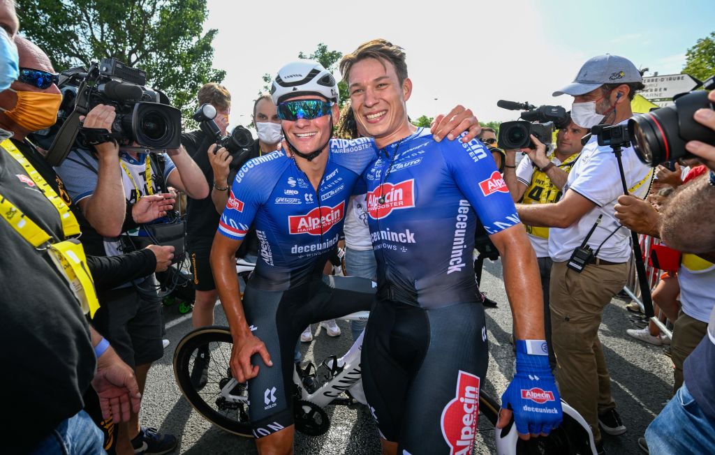 Dutch Mathieu van der Poel of Alpecin-Deceuninck and Belgian Jasper Philipsen of Alpecin-Deceuninck celebrate after winning the third stage of the Tour de France cycling race, a 187,4 km race from Amorebieta-Etxano to Bayonne, France, Monday 03 July 2023. This year's Tour de France takes place from 01 to 23 July 2023. BELGA PHOTO DIRK WAEM (Photo by DIRK WAEM / BELGA MAG / Belga via AFP) (Photo by DIRK WAEM/BELGA MAG/AFP via Getty Images)