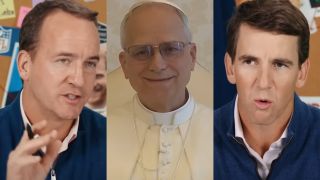 The Manning Brothers and Pope Leo XIV in a split image