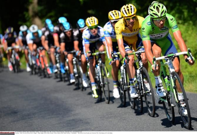 Peter Sagan (Cannondale) followed by yellow jersey Daryl Impey (Orica-GreenEdge)