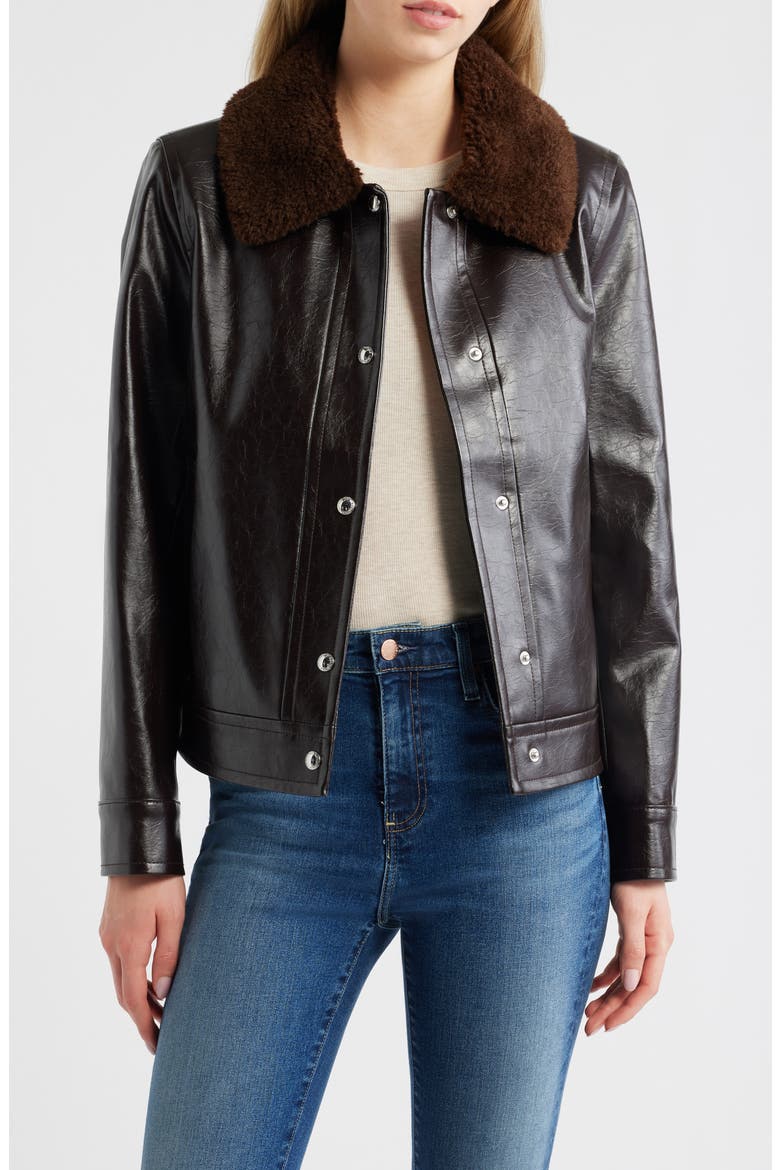 Slim Fit Faux Leather Jacket With Faux Fur Collar