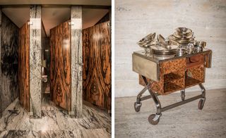 Pictured left: the men’s lavatory in its Mad Men glory, designed by Johnson. Right: designed by Johnson, the serving cart holds silver serving ware by L. Garth and Ada Louise Huxtable. Each piece is made of silver soldered metal (pairs of serving bowls begin at $500 and charges are estimated to begin at $1,000 a set)