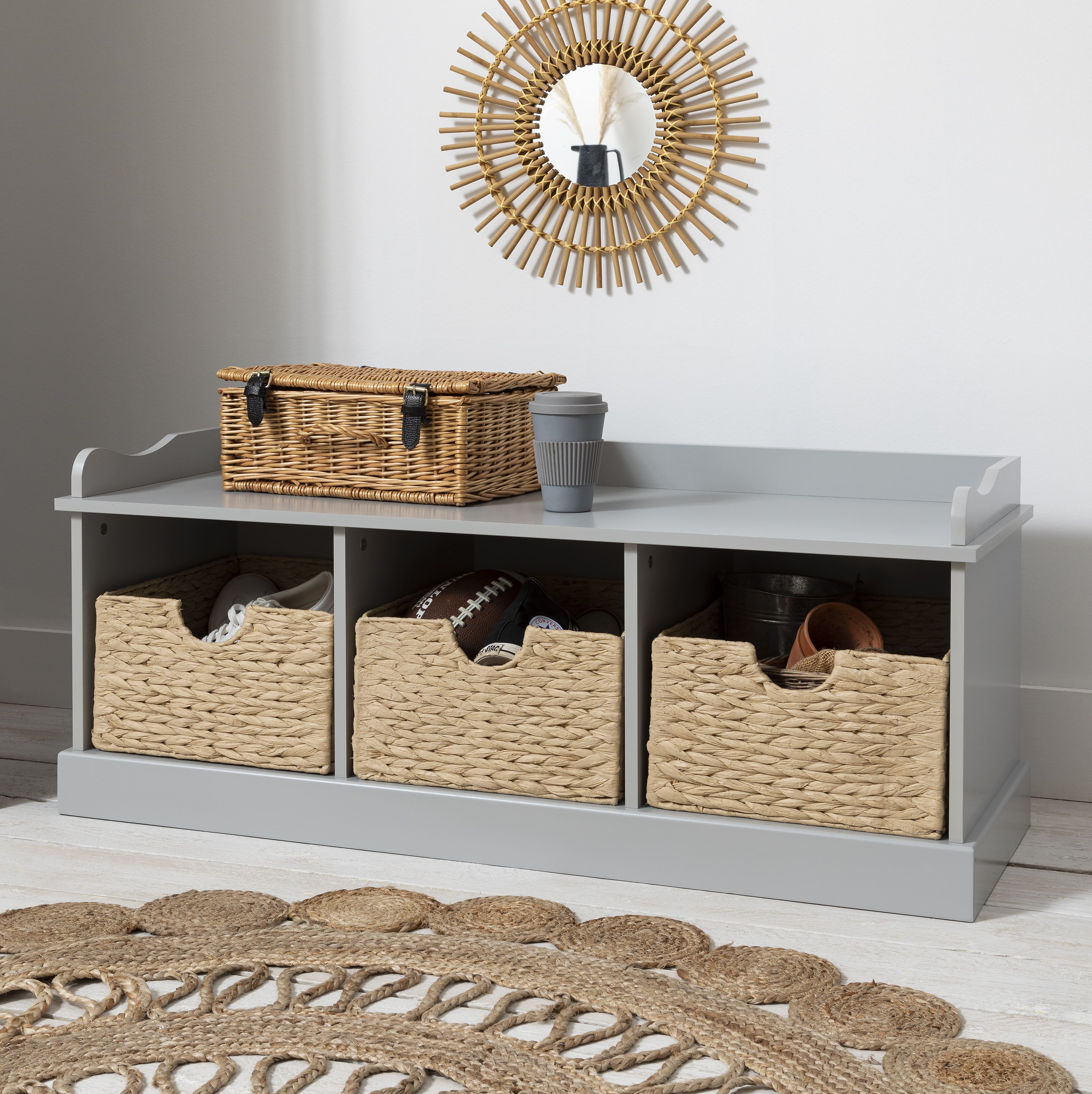 Stockholm Storage Bench With 3 Brown Baskets in Silk Grey