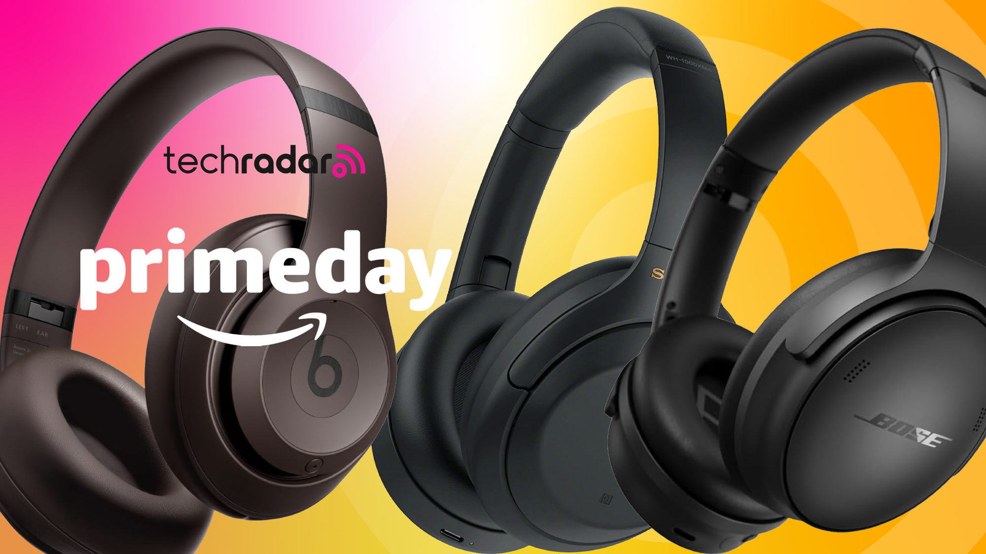 Three pairs of headphones in front of TR&#039;s Prime Day poster 