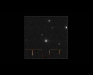 This still from an European Southern Observatory video shows the light dips caused by the asteroid Chariklo and its rings (bottom) when they passed in front of a bright star (center). The asteroid between the orbits of Saturn and Uranus is the first non-p