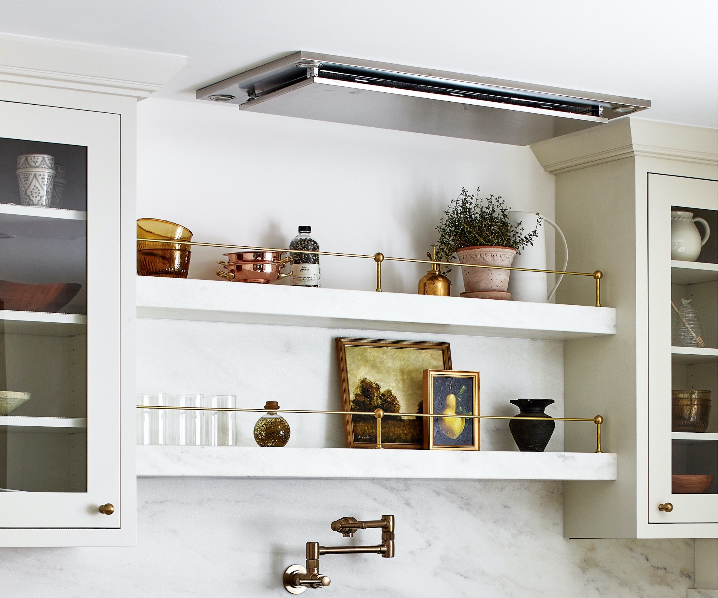 kitchen cabinets with two shelves between